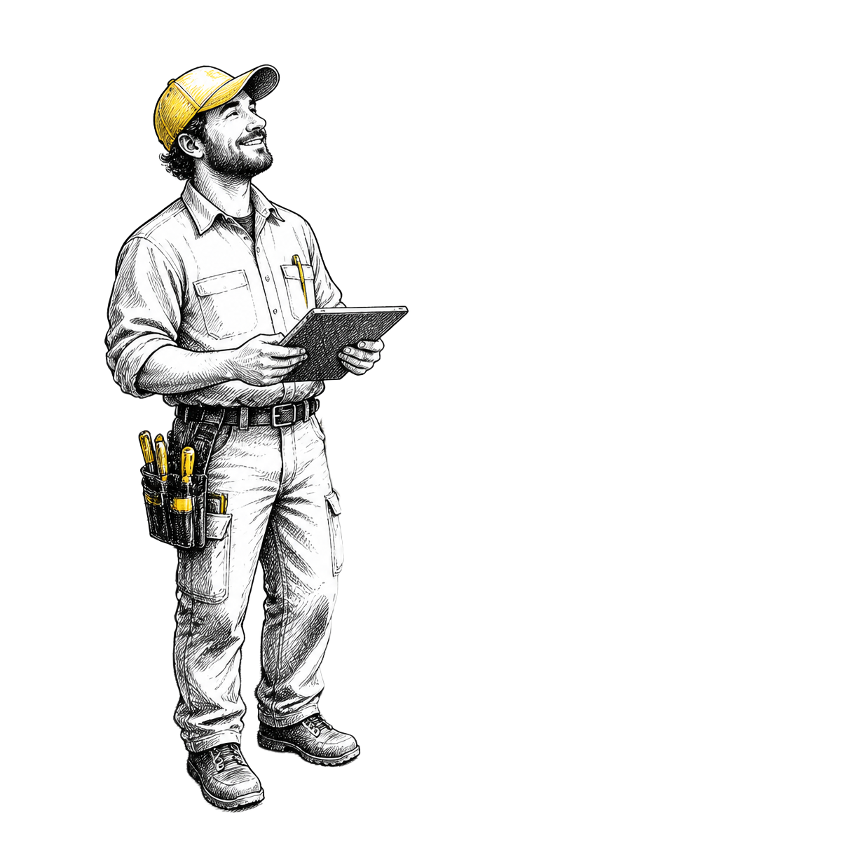 Hand-drawn illustration of an HVAC technician with a tablet